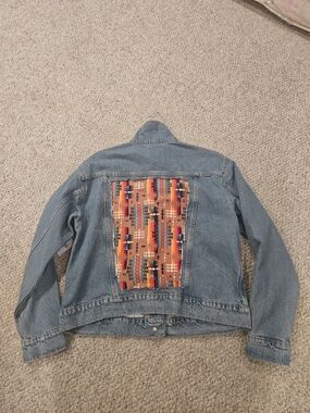 Upcycled Denim Jacket with Orange Aztec Back Panel